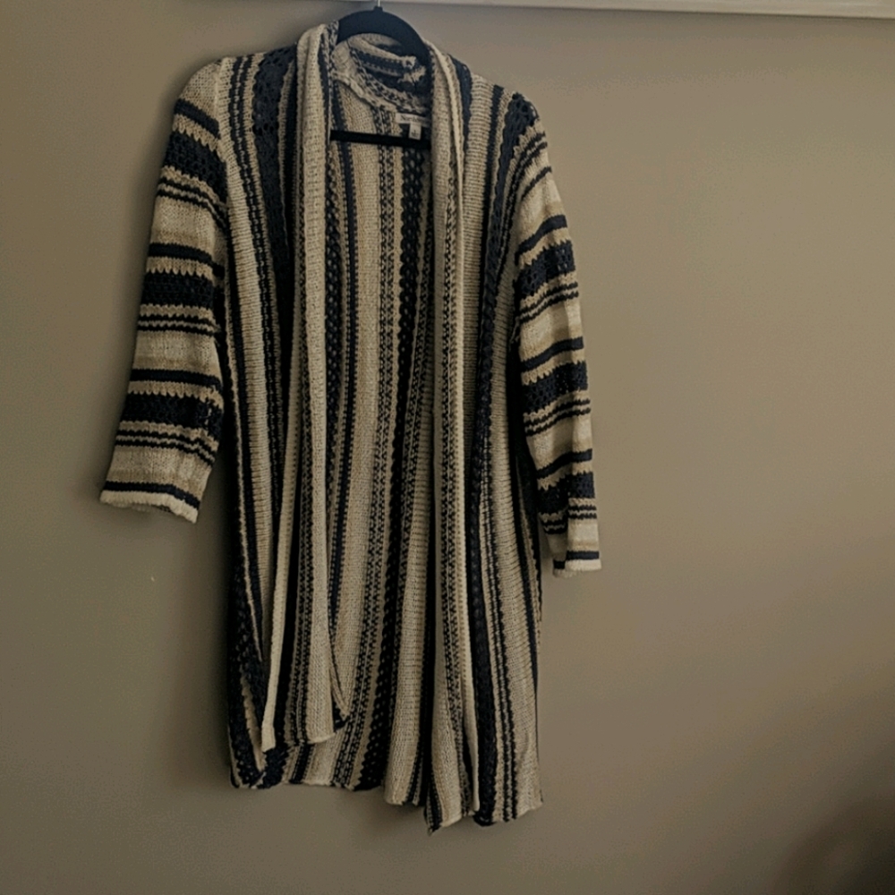 Long knit cardigan, blue, tan and cream